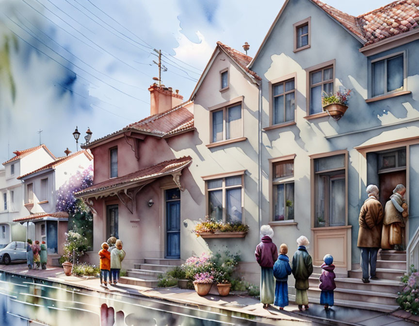 European Street Scene with Cobblestone Road, Traditional Houses, People, and Flowers