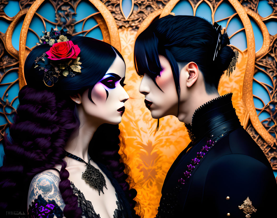 Gothic characters with stylized makeup and elaborate hairstyles in front of a blue backdrop with autumnal