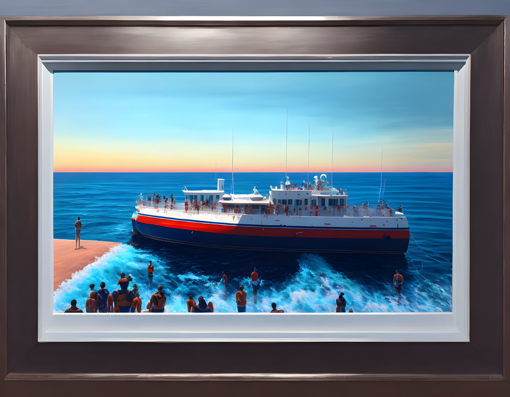 Framed painting of vibrant seascape with boat and onlookers