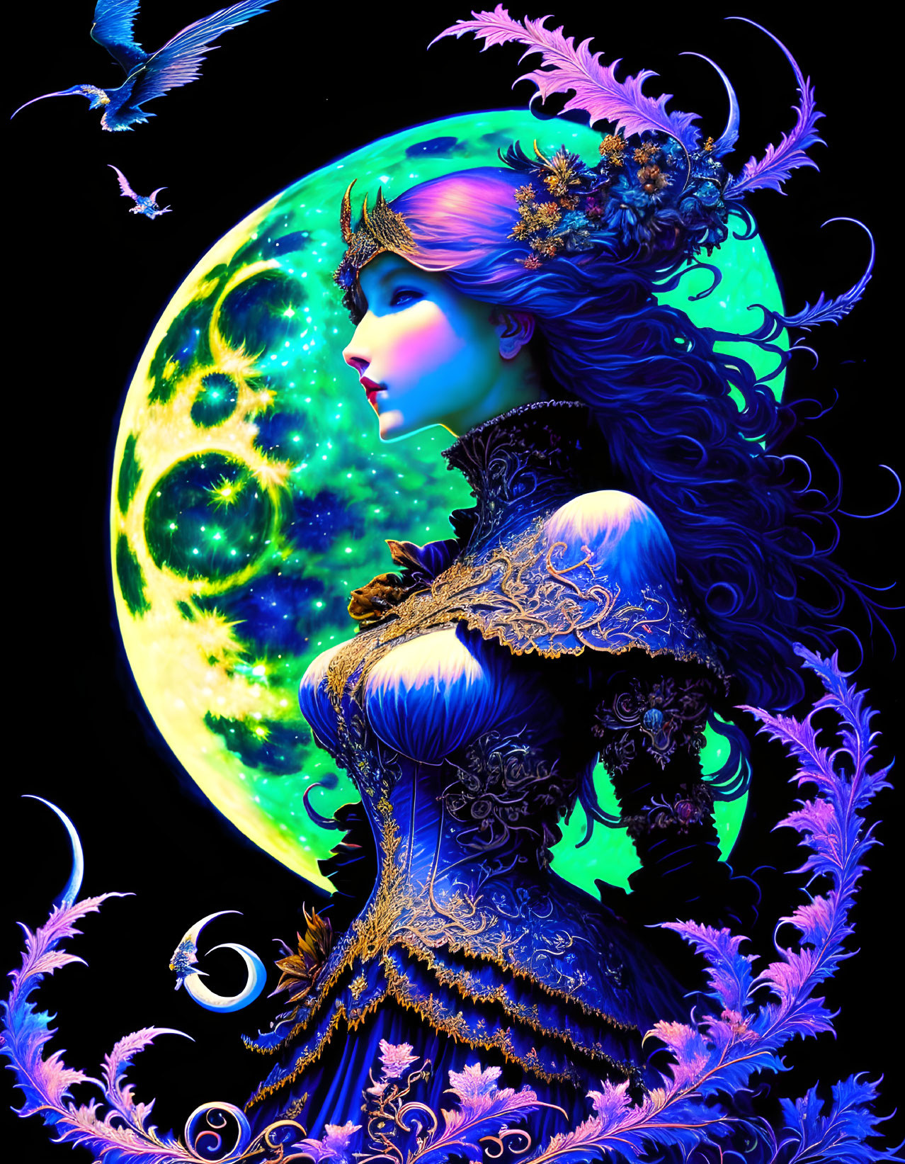 Fantasy woman in black dress with glowing blue accents against blue-green moon