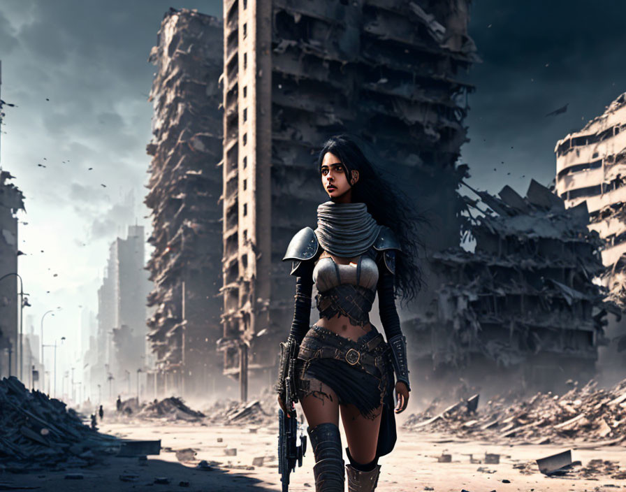 Armored woman in fantasy attire in desolate, war-torn city.