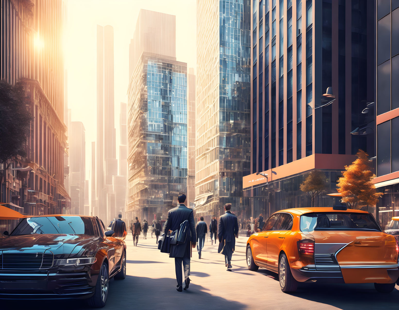 City street with high-rise buildings, pedestrians, yellow taxi, luxury car in golden hour lighting