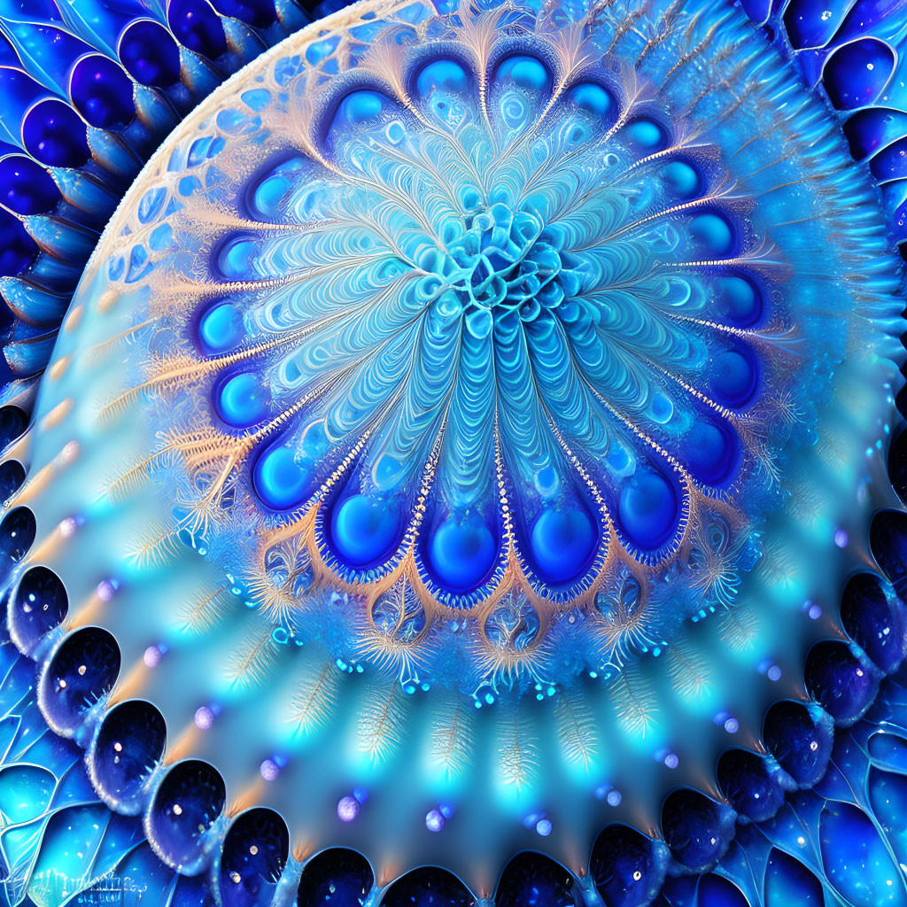 Blue central bloom fractal with bubble textures radiating outward