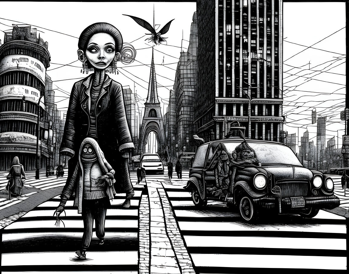 Surreal monochrome urban illustration with large-eyed characters crossing street