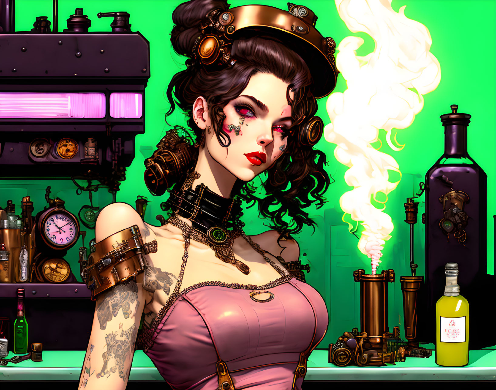 Steampunk-inspired woman with mechanical arms and goggles in front of green backdrop.