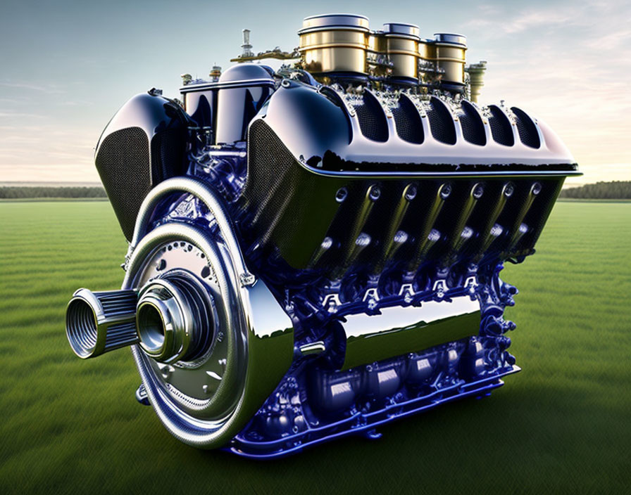 Shiny Chrome V8 Engine with Performance Parts on Grass Field