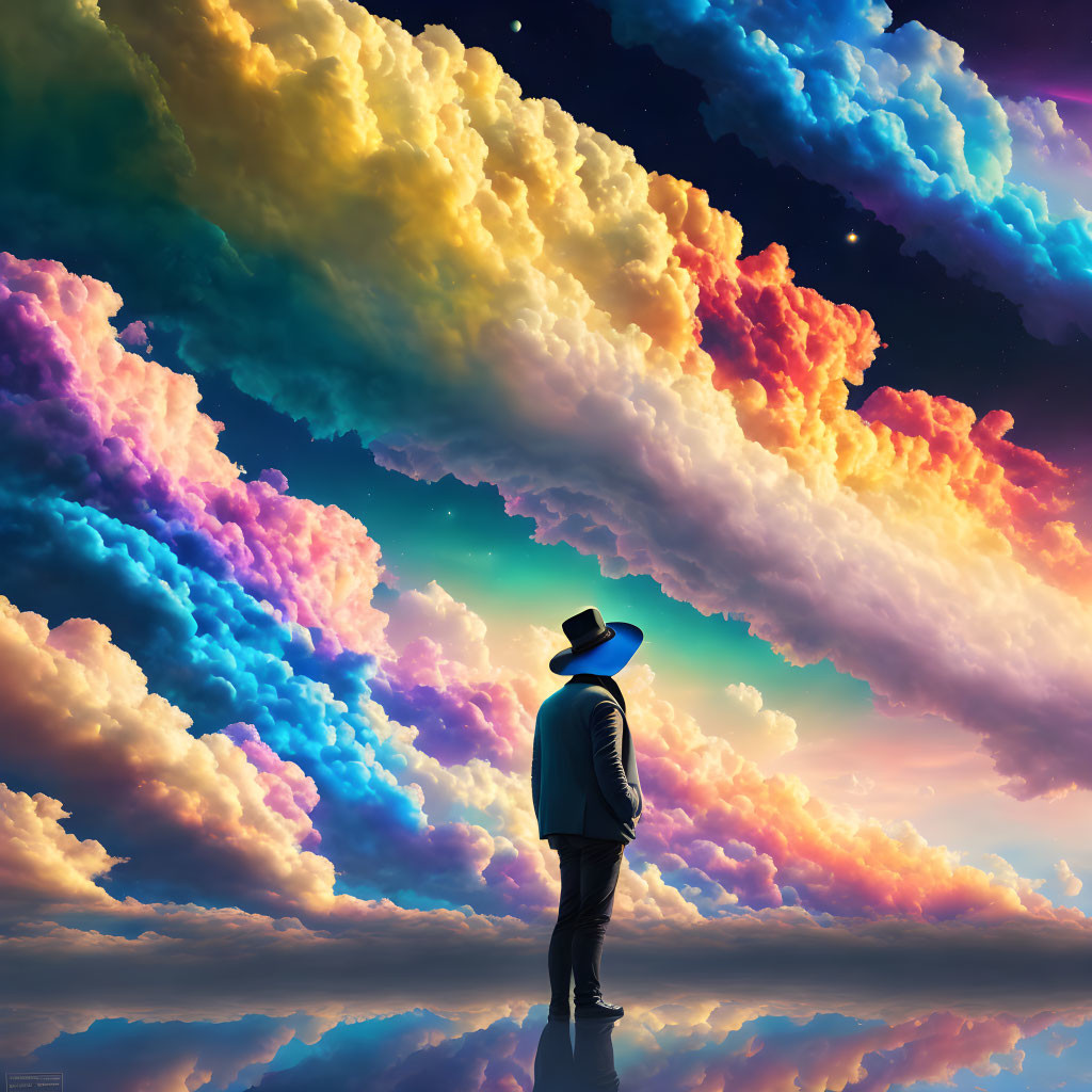 Person in hat gazes at vibrant multicolored cloud-scape and crescent moon in twilight sky