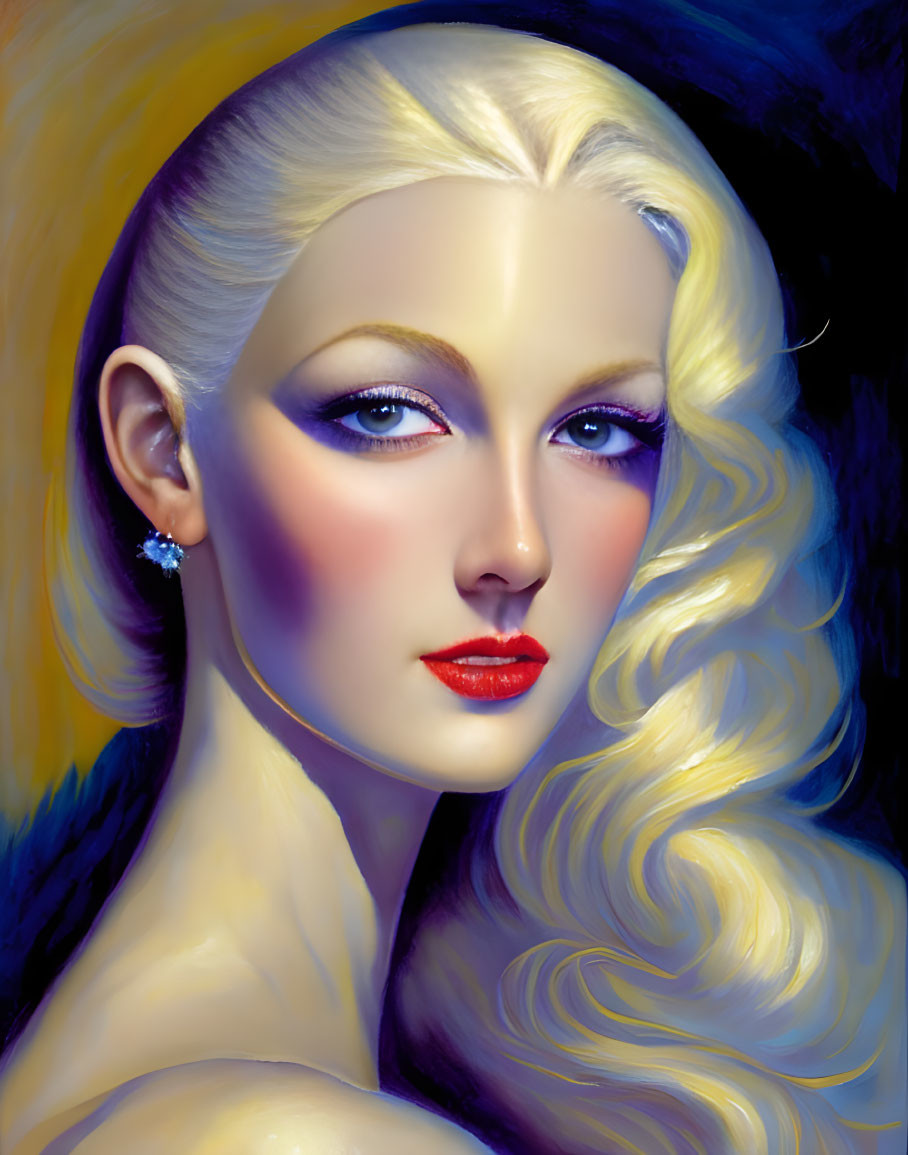 Blonde Woman with Blue Eyes and Red Lipstick on Dark Yellow Background