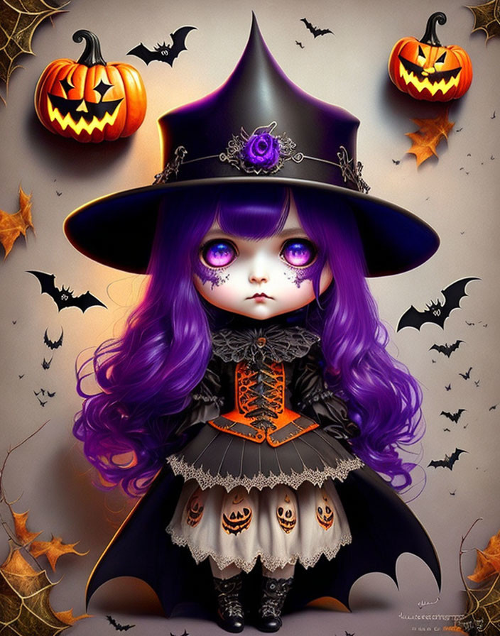 Purple-eyed doll in witch costume with Halloween theme and pumpkins.