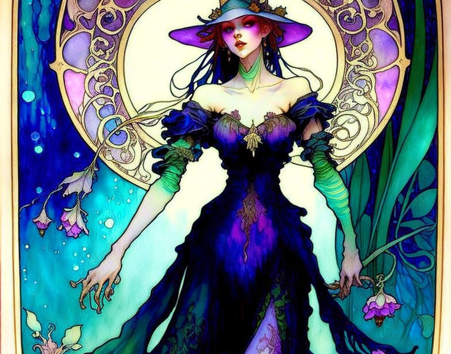 Detailed Art Nouveau Woman in Purple Dress and Hat Illustration