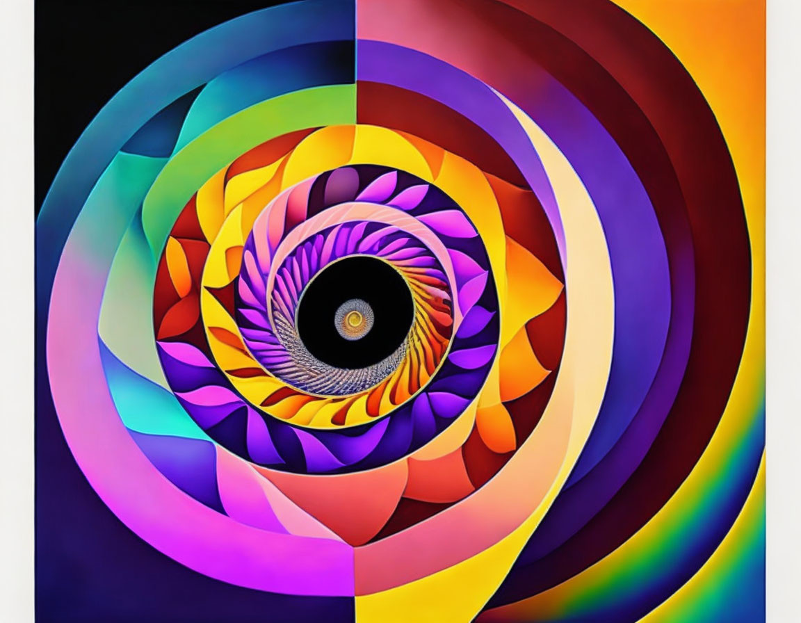 Colorful Spiral Abstract Artwork with Concentric Circles in Purple to Yellow Spectrum