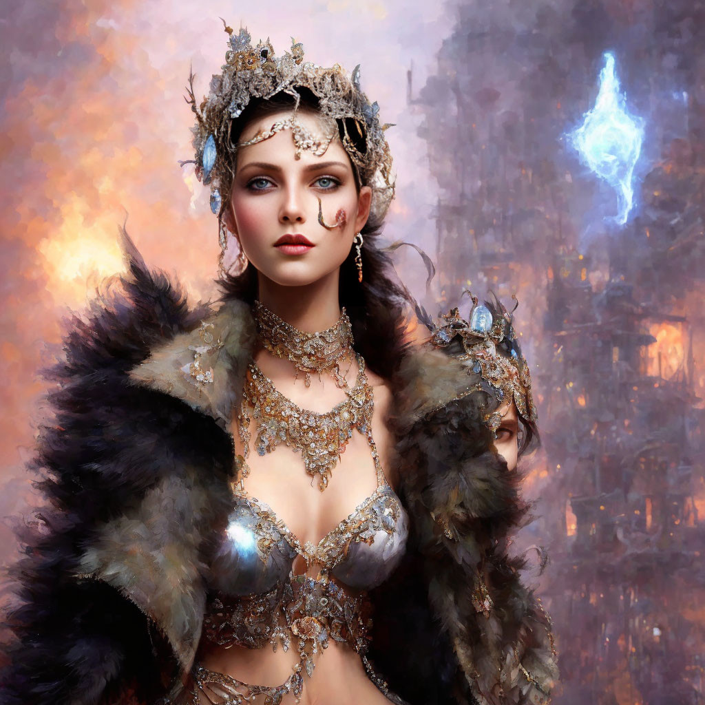 Elaborately adorned woman with crown and jewelry, gazing fiercely with mystical blue flame.