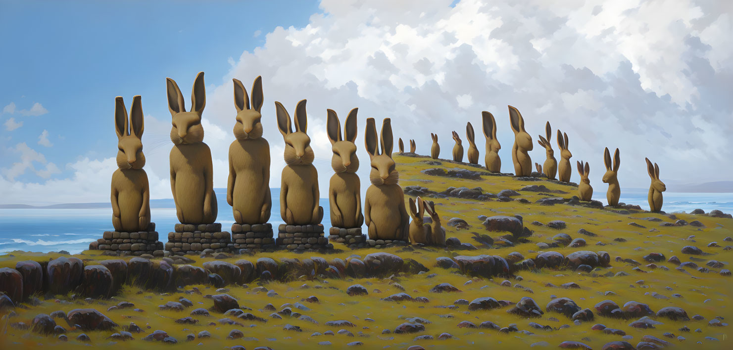 Giant rabbit statues on pedestals resembling Easter Island's Moai under blue sky