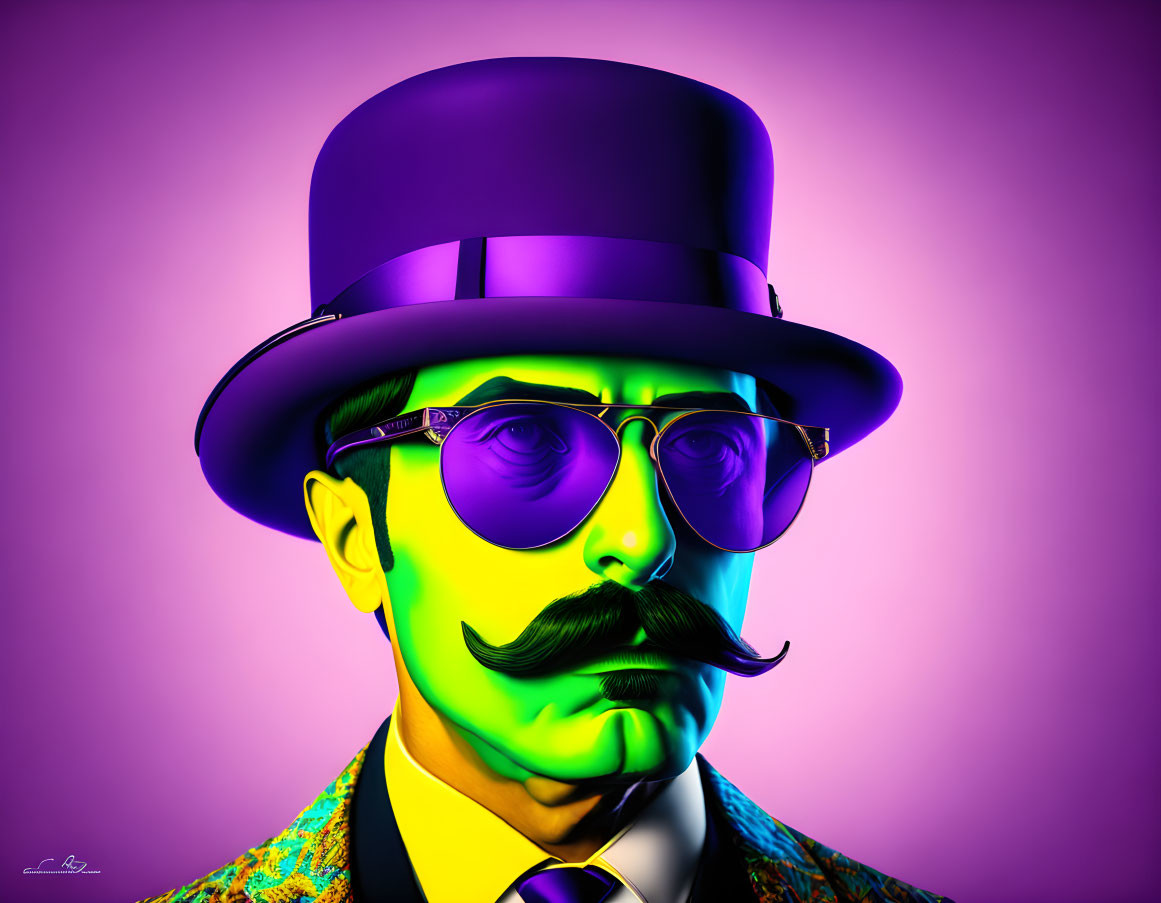 Colorful portrait of person with top hat, purple glasses, and curled mustache on purple background