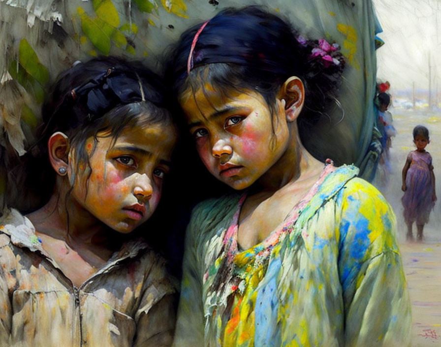 Two somber young girls with colorful smudges in a busy setting.