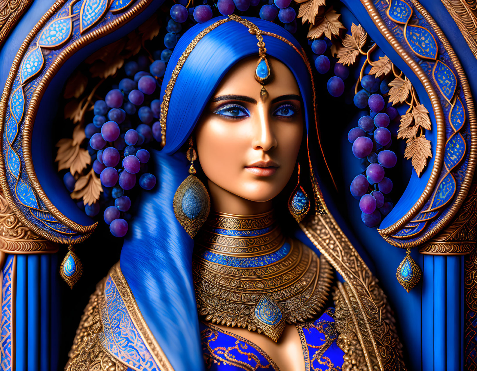 Digital artwork featuring woman with blue hair, gold jewelry, and traditional attire on ornate blue-gold