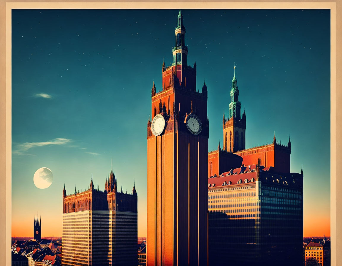 Vintage-Toned Cityscape with Clock Towers and Full Moon