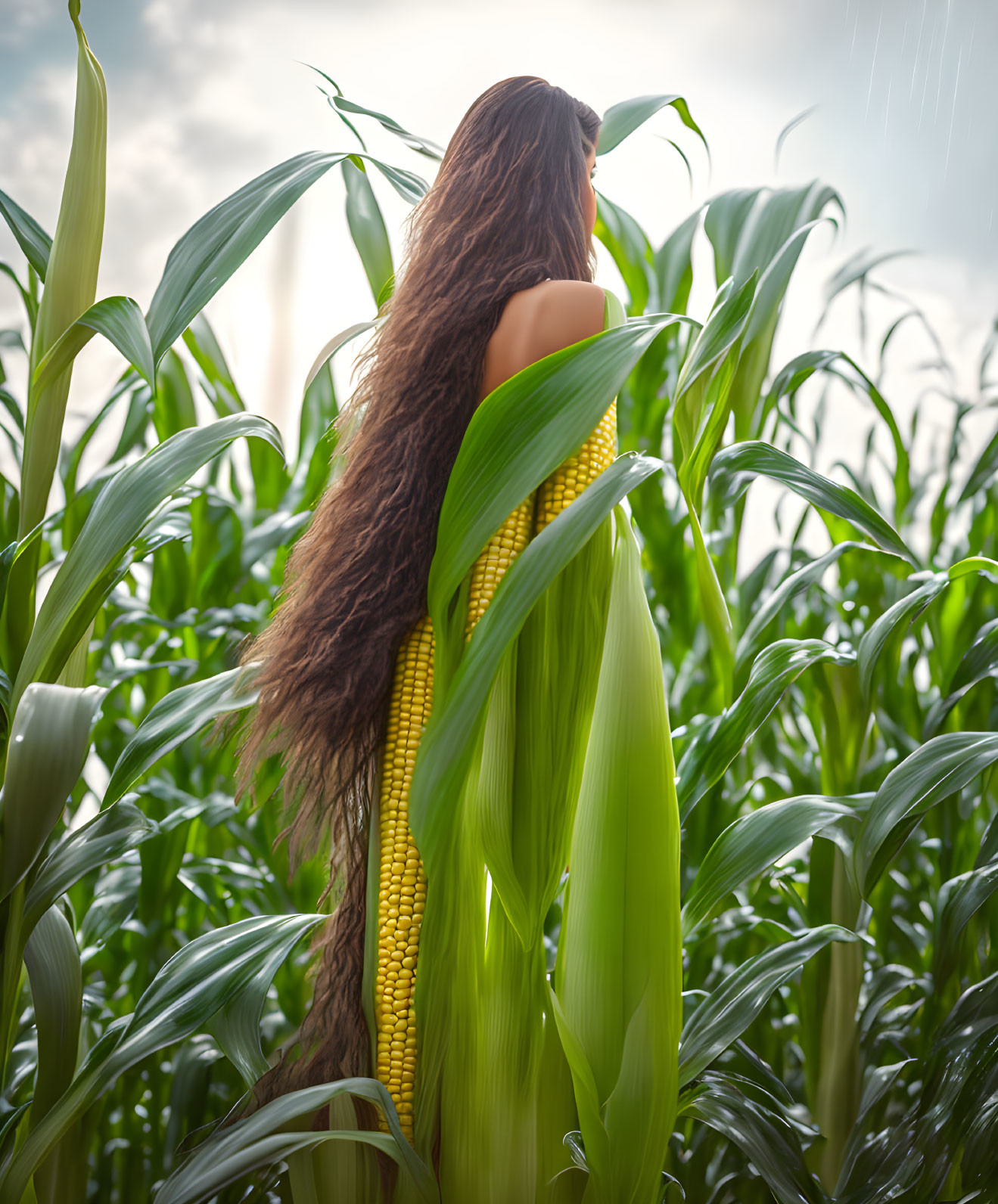 Woman with Long Wavy Hair Among Corn Cob and Green Stalks