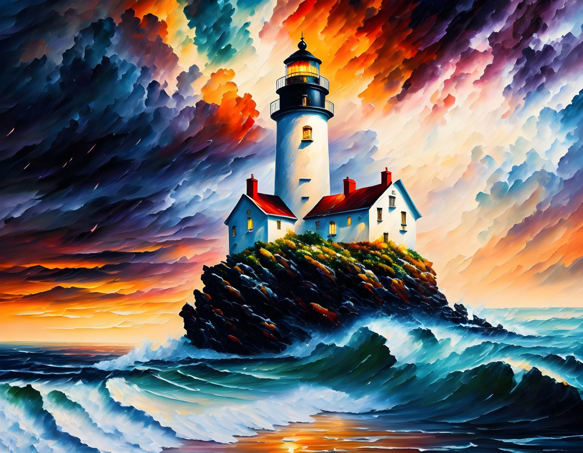 Colorful painting of lighthouse on cliff with turbulent ocean waves and dramatic sky.