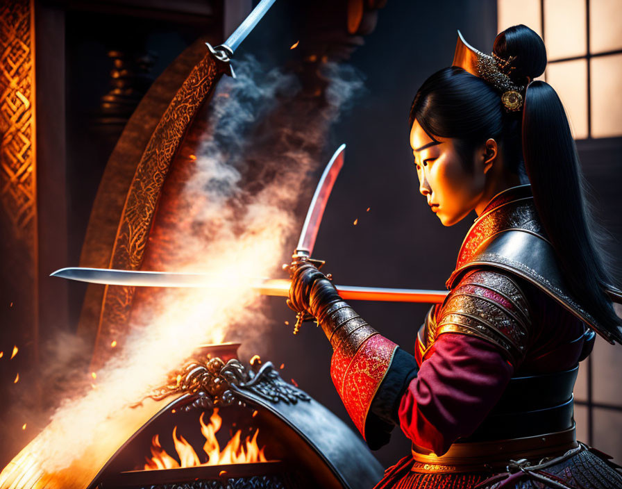 Asian warrior woman in traditional attire with drawn sword near flames