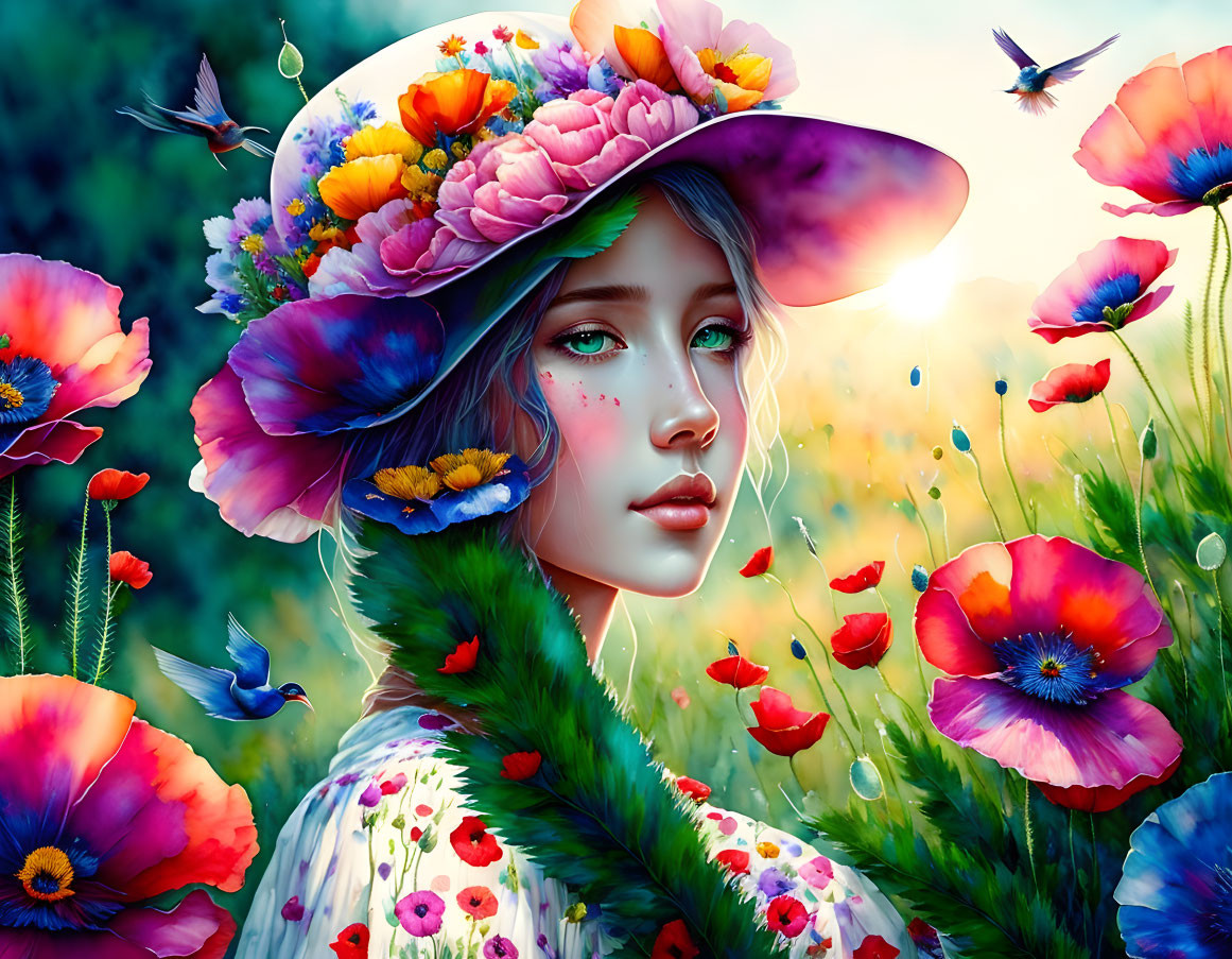 Woman in Floral Hat Surrounded by Hummingbirds and Poppies