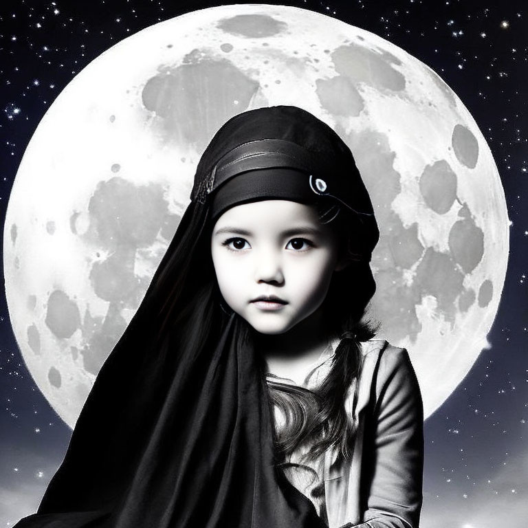 Young child in black pirate hat and costume under full moon.