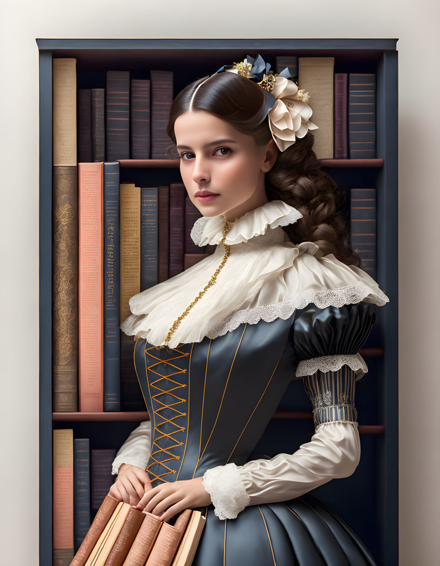 Vintage-dressed woman with ruffled collar in front of bookshelf holding books