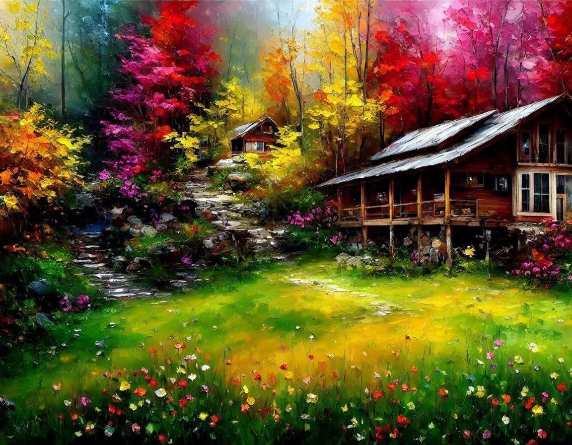 Autumnal forest painting with rustic cabin, stream, colorful trees, and flowers