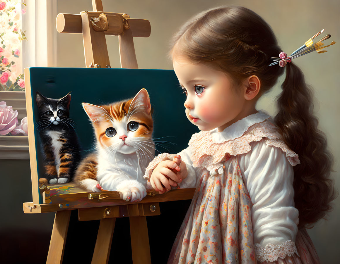 Young girl with long brown hair looking at painting of two kittens near easel