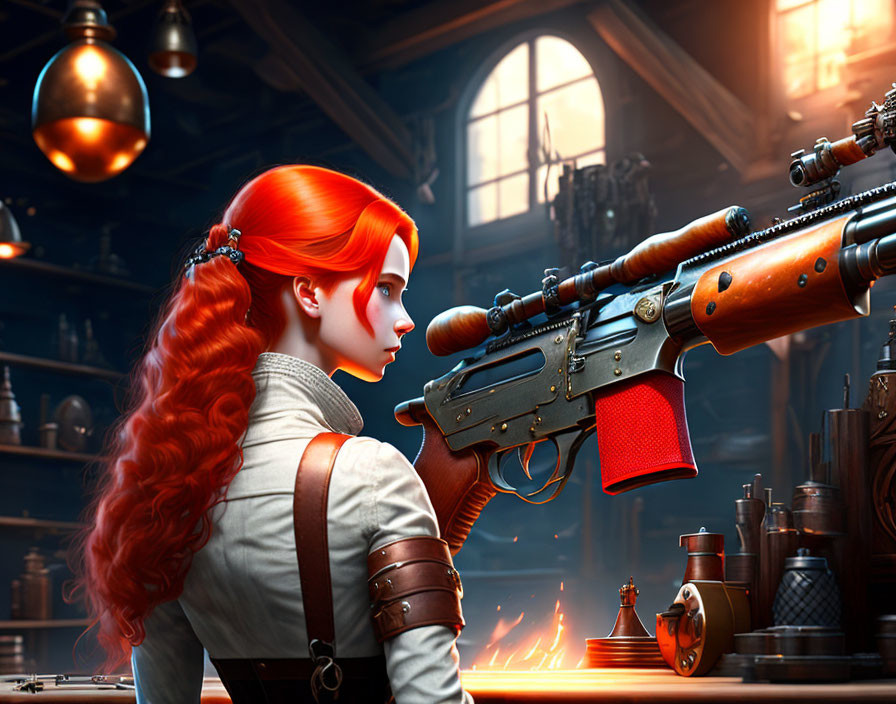 Stylized animated female character with red hair in dim steampunk workshop