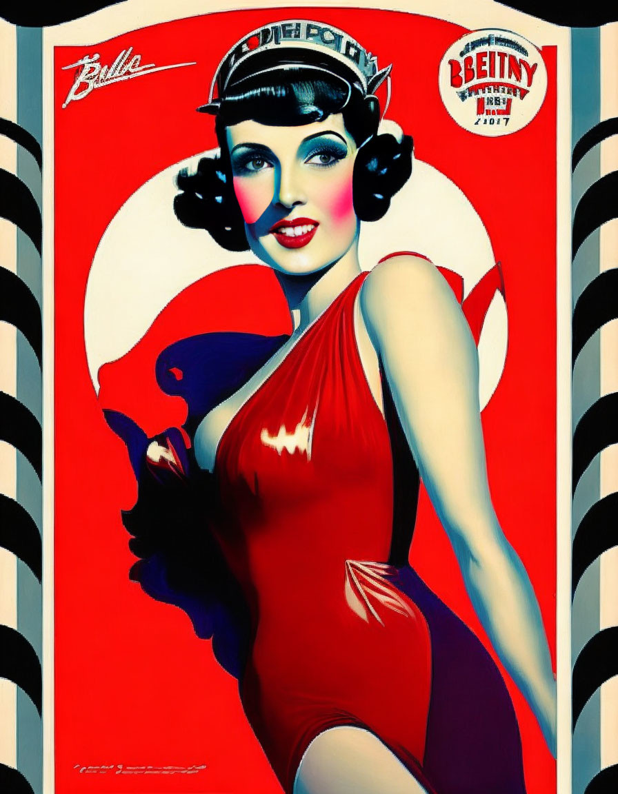 Smiling brunette woman in red swimsuit on vintage-style poster