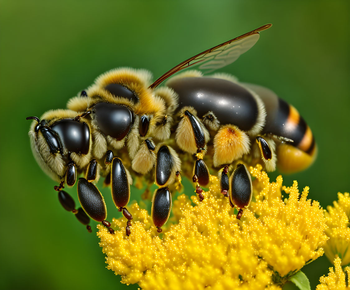 Macro Shot of Bee Pollinating Yellow Flowers