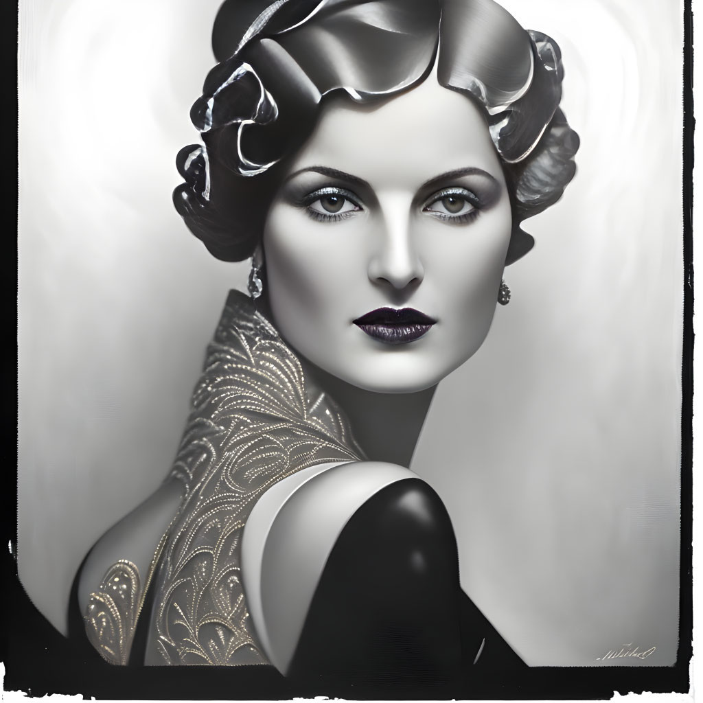 Vintage Hollywood Glamour Woman Portrait in Elegant Grayscale