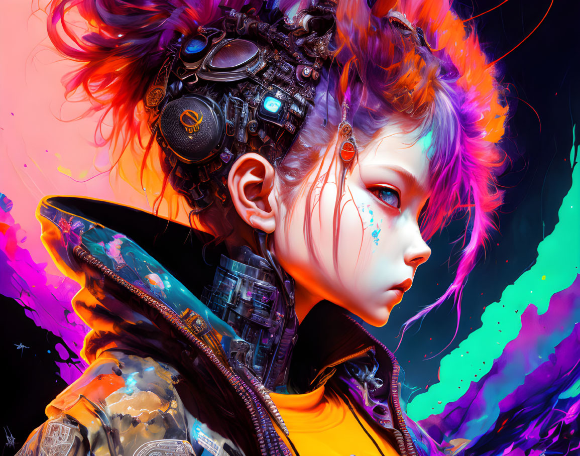 Cyberpunk girl with mechanical enhancements and colorful hair in neon background