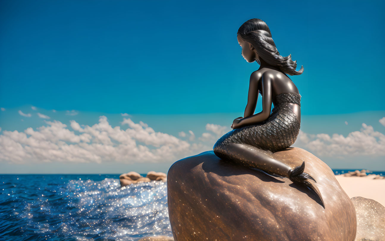 Mermaid 3D rendering by calm sea and blue sky