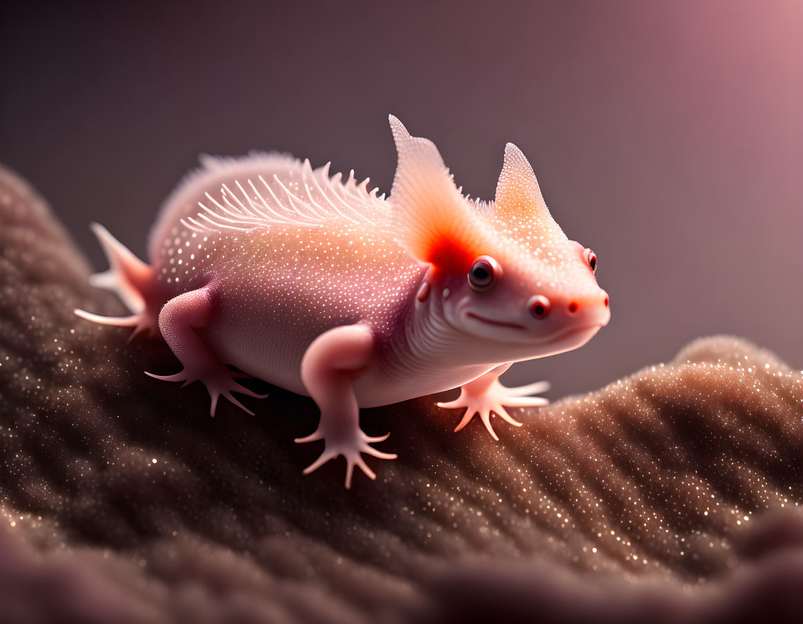 Whimsical pinkish-white axolotl with gills and red eyes on textured surface