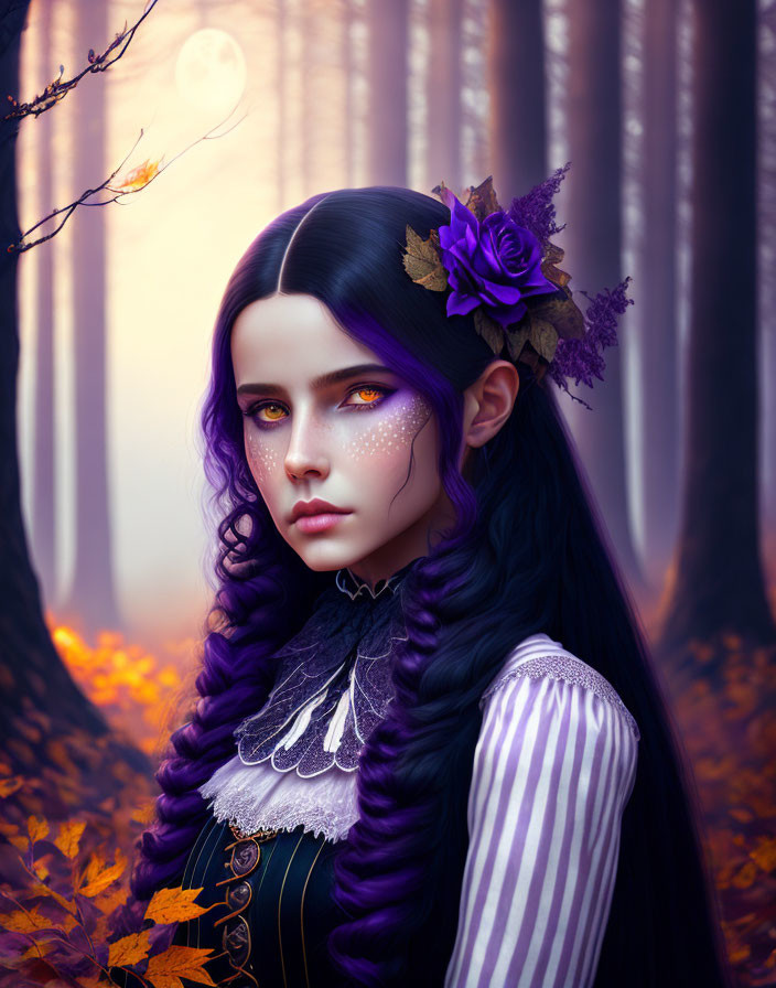 Fantasy Woman with Purple Skin in Autumn Forest Setting