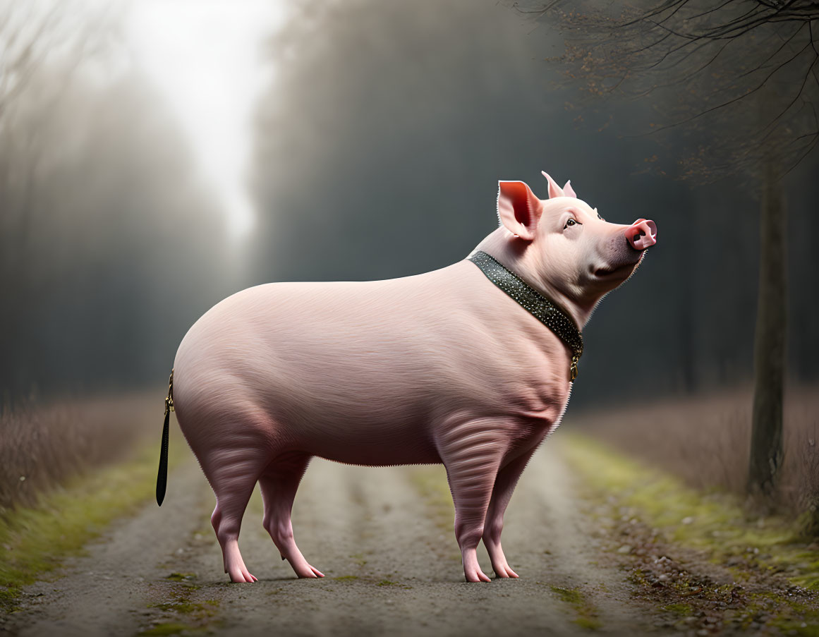 Digitally altered pig with collar and leash in foggy forest path