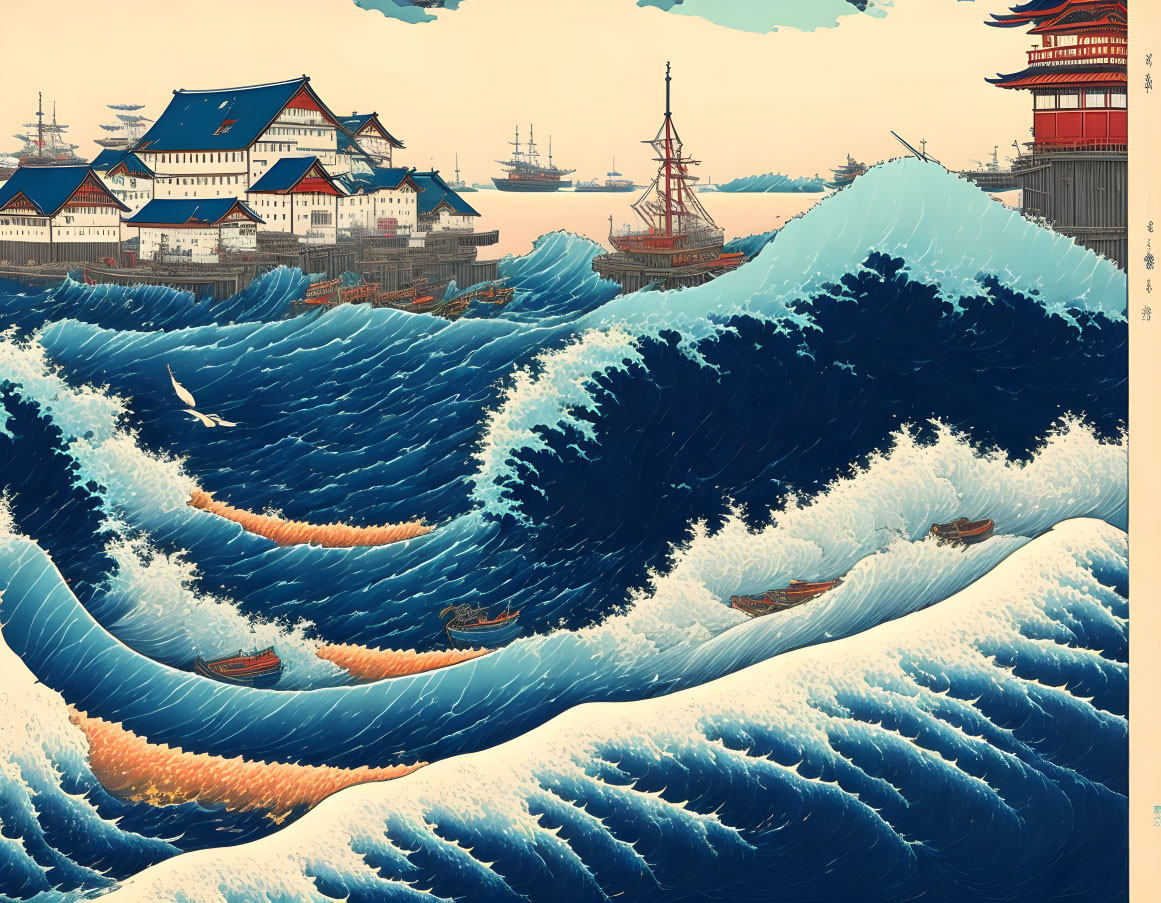 Traditional-Style Illustration of Turbulent Blue Waves and Asian Coastal Town