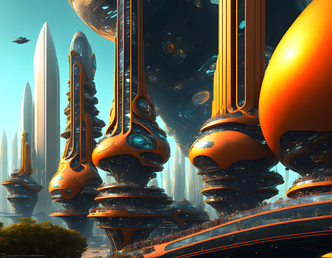 Futuristic cityscape with towering orange and blue structures