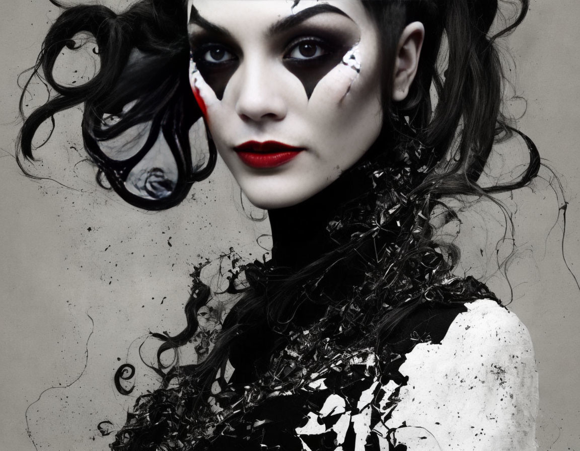 Portrait of woman with black and white makeup, red lipstick, windswept dark hair.