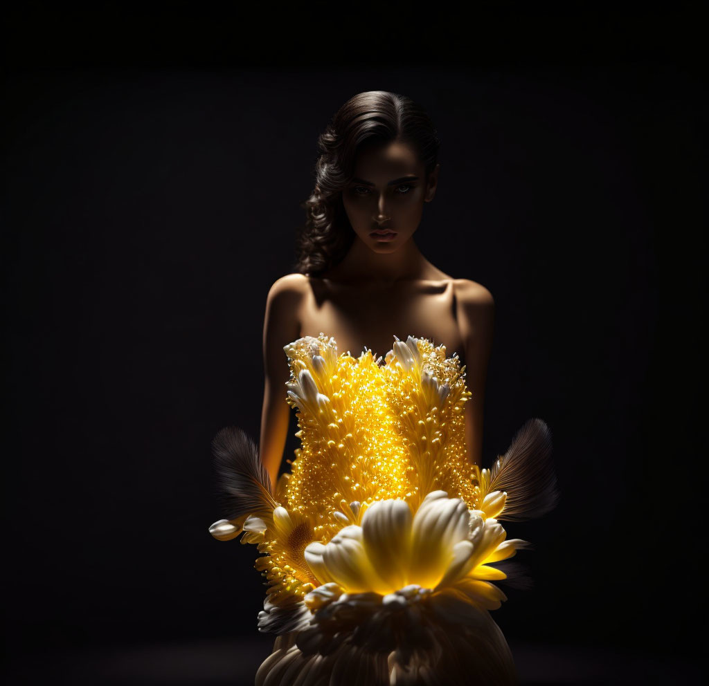 Dramatic contrast: Woman in shadow with illuminated yellow flowers