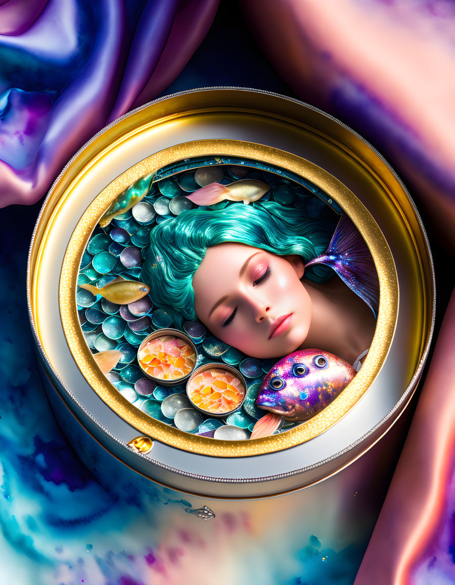 Surreal teal-haired woman in ornate frame with fish scales and vibrant colors