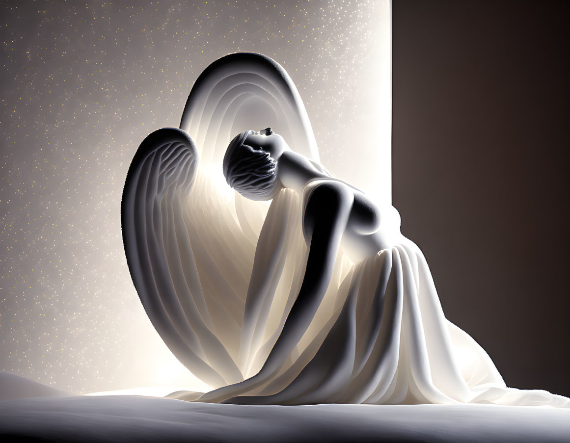 Angelic figure with wings draped in white cloth against celestial background