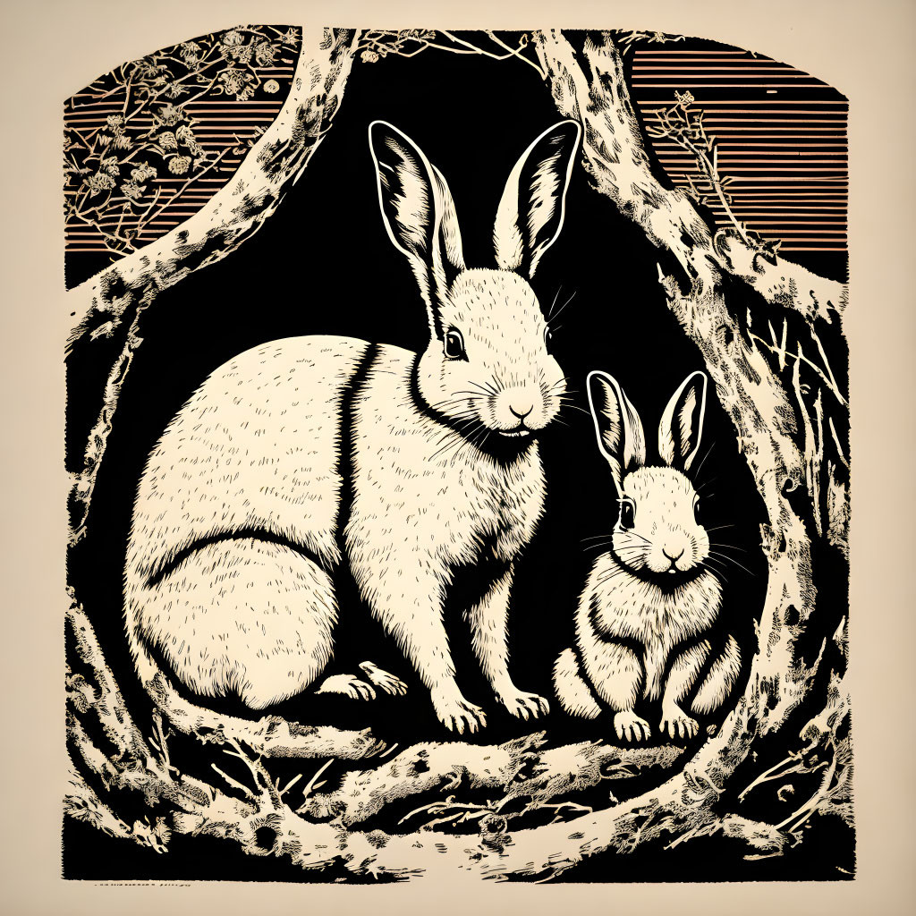 Illustration of two rabbits in nature setting with tree roots and branches.