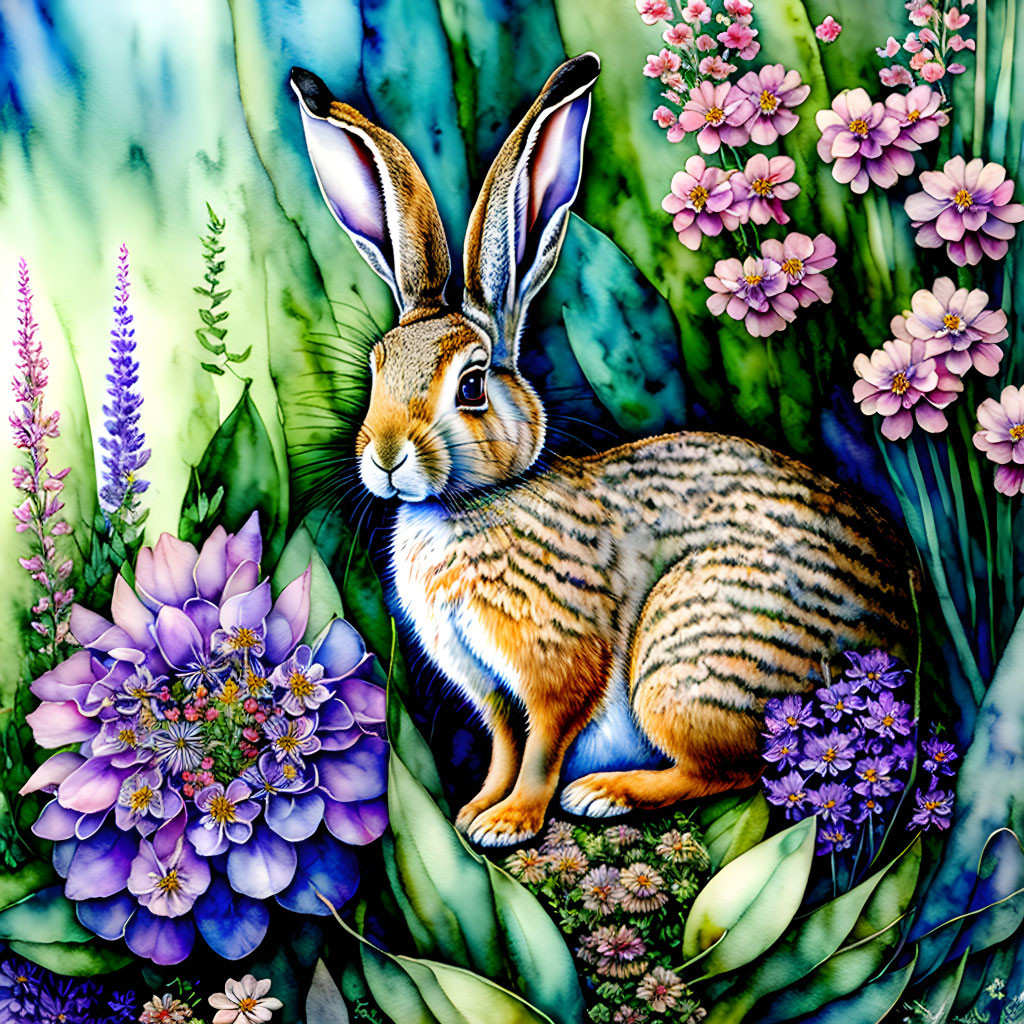 Detailed Illustration of Brown Rabbit Among Colorful Flowers