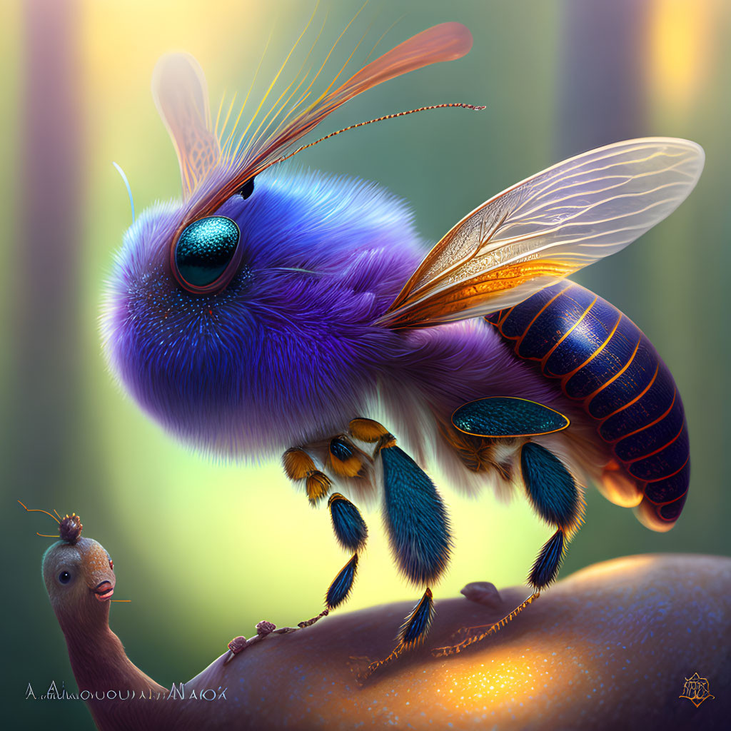 Colorful Fantastical Bee Illustration on Glossy Brown Surface