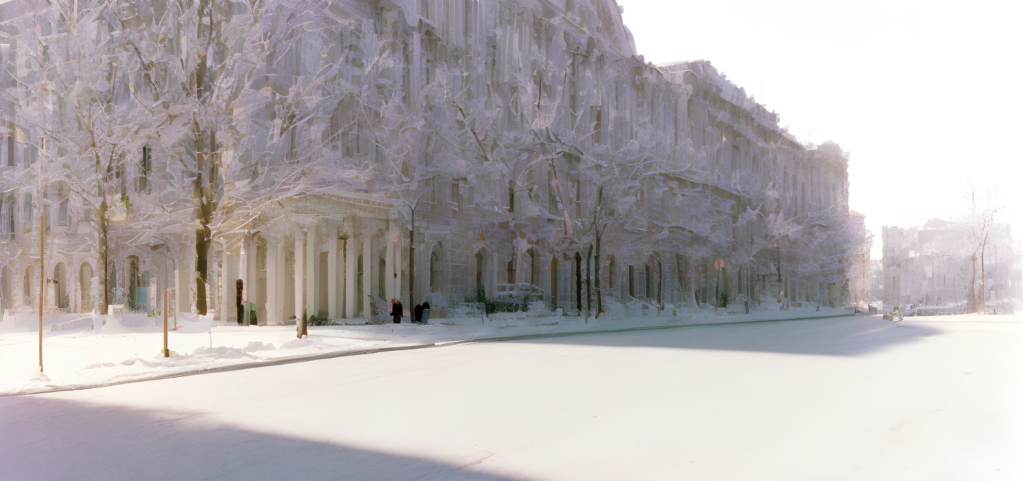 Snowy Street with Classical Buildings and Frost-Covered Trees