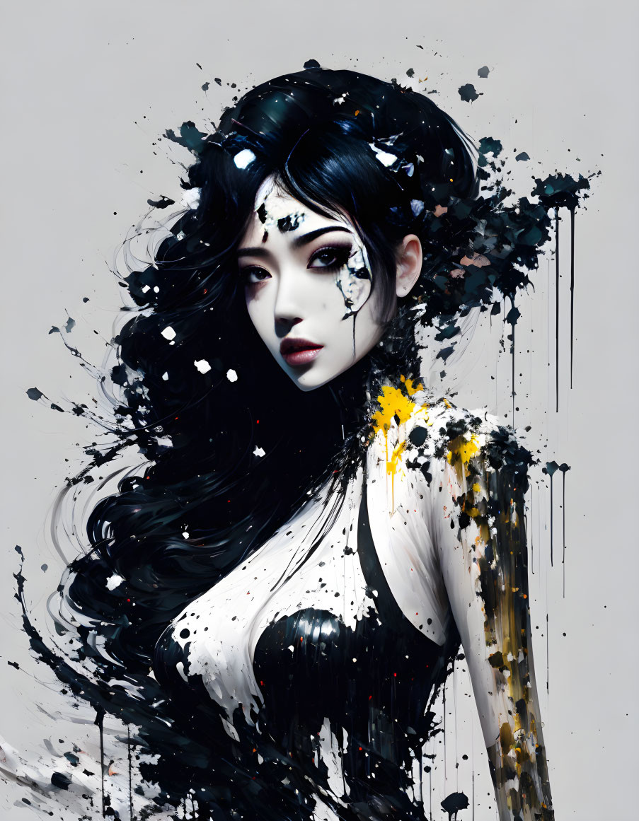 Abstract digital artwork of woman with flowing dark hair and black/yellow paint splashes