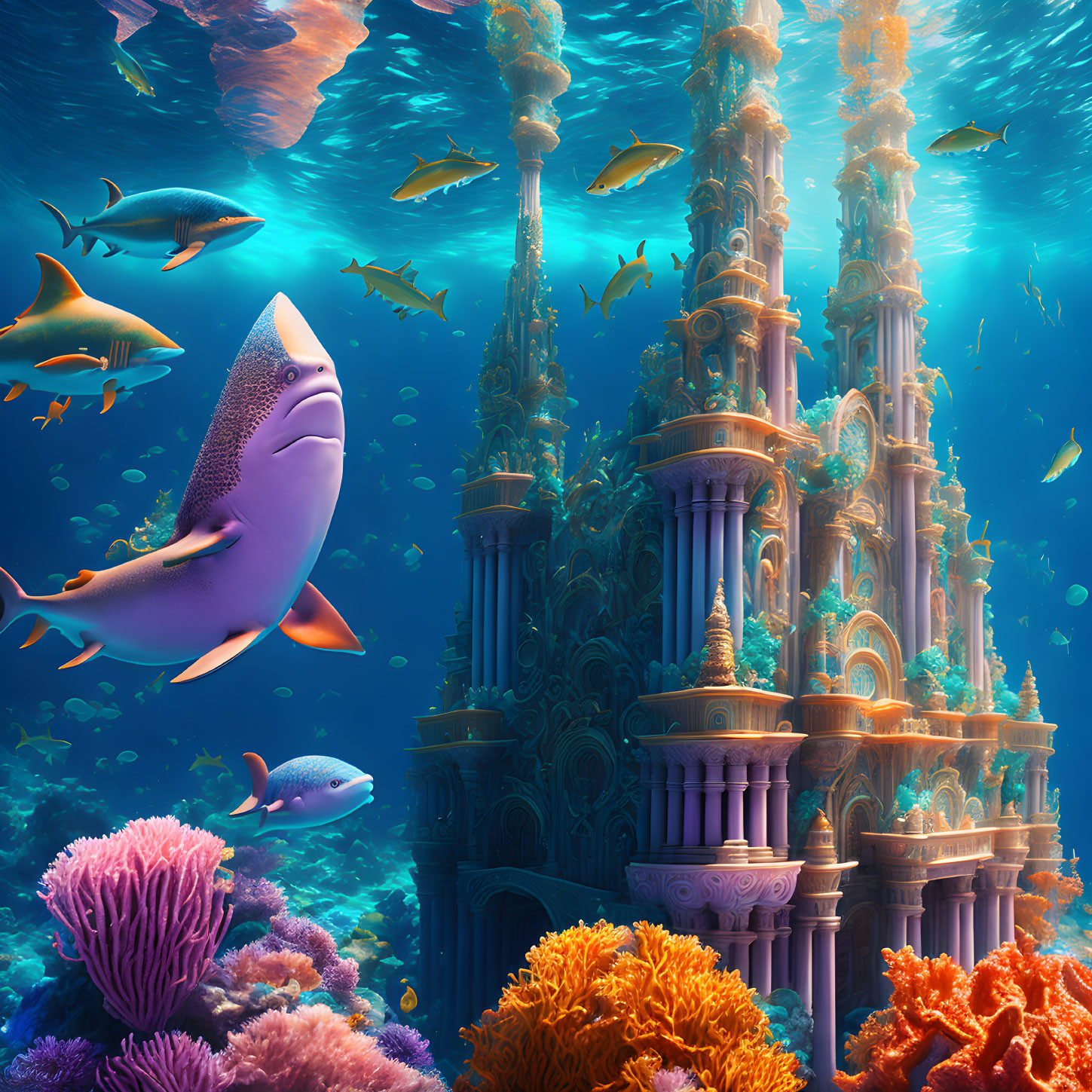 Colorful coral and fish in fantastical underwater scene